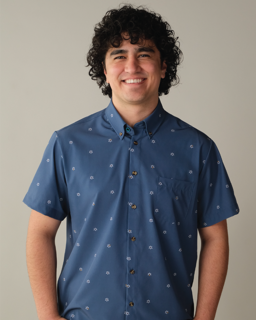 Men's Navy w/ Swiss Flowers Short Sleeve Dress Shirt, Stain Repellent, Wrinkle Resistant Men's Navy w/ Swiss Flowers Short Sleeve Dress Shirt, Stain Repellent, Wrinkle Resistant