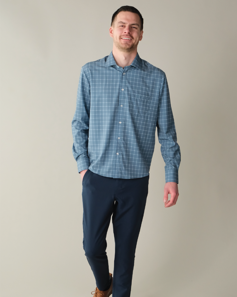 Men's Ocean Blue w/ White Windowpane Long Sleeve Dress Shirt, Stain Repellent, Wrinkle Resistant