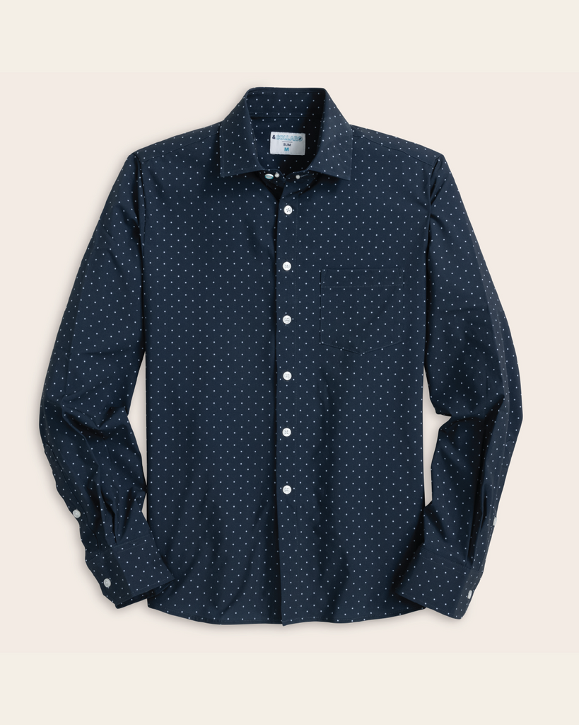 Men's Navy w/ White Polka Dots Long Sleeve Dress Shirt, Stain Repellent, Wrinkle Resistant Men's Navy w/ White Polka Dots Long Sleeve Dress Shirt, Stain Repellent, Wrinkle Resistant