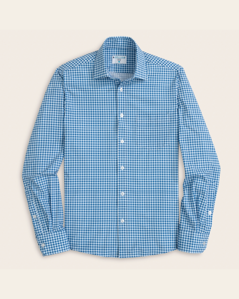 Men's Royal Blue and White Gingham Long Sleeve Dress Shirt, Stain Repellent, Wrinkle Resistant