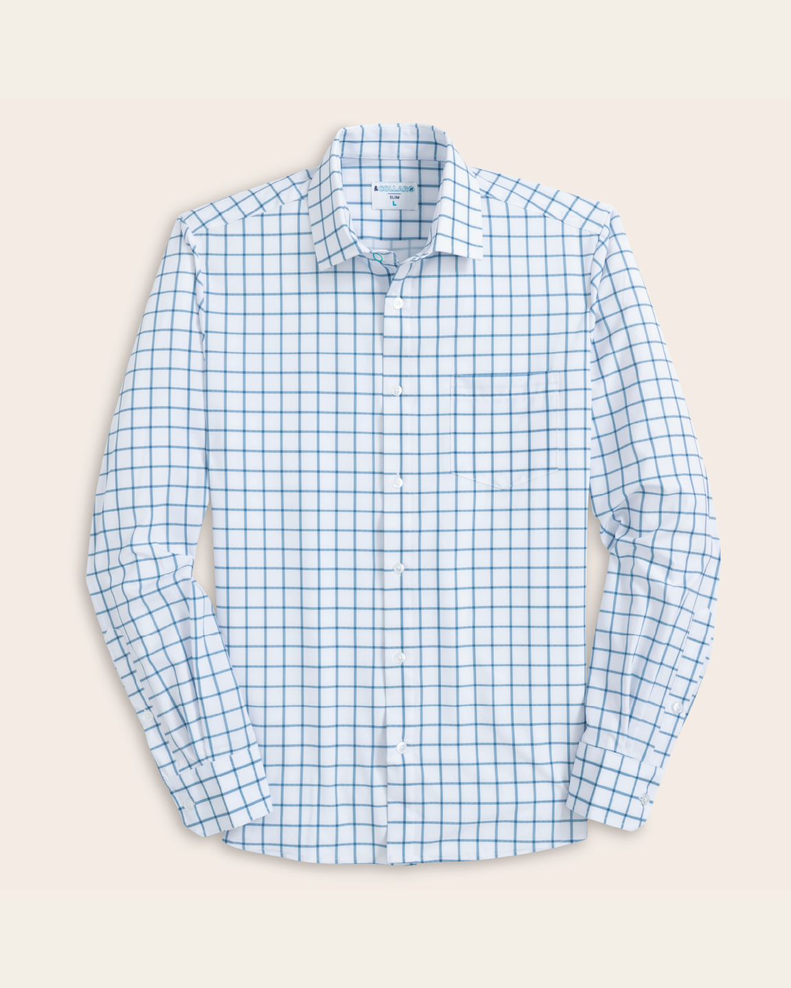Men's White w/ Ocean Blue Windowpane Long Sleeve Dress Shirt, Stain Repellent, Wrinkle Resistant Men's White w/ Ocean Blue Windowpane Long Sleeve Dress Shirt, Stain Repellent, Wrinkle Resistant