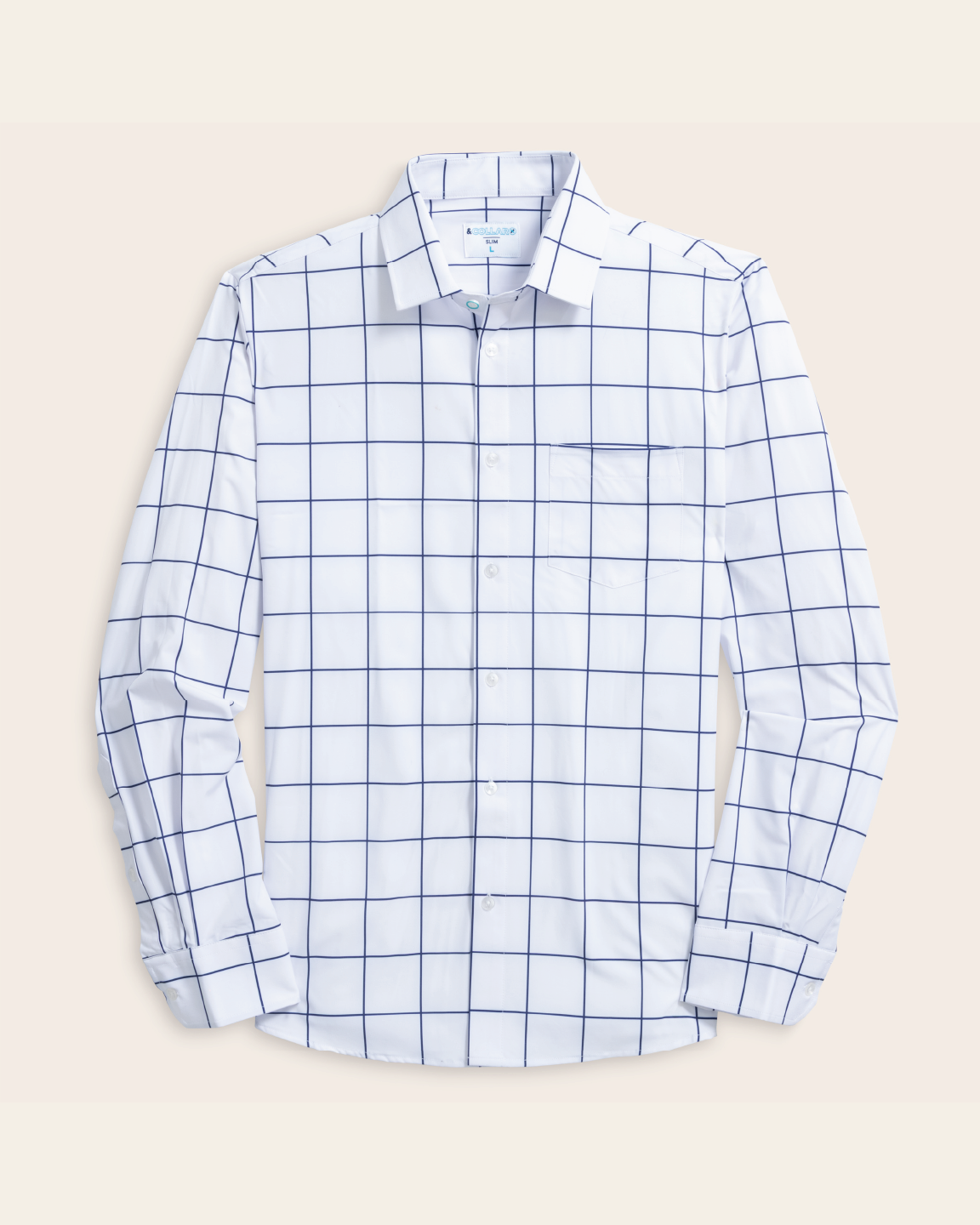 Men's White w/ Navy Windowpane Long Sleeve Dress Shirt, Stain Repellent, Wrinkle Resistant Men's White w/ Navy Windowpane Long Sleeve Dress Shirt, Stain Repellent, Wrinkle Resistant