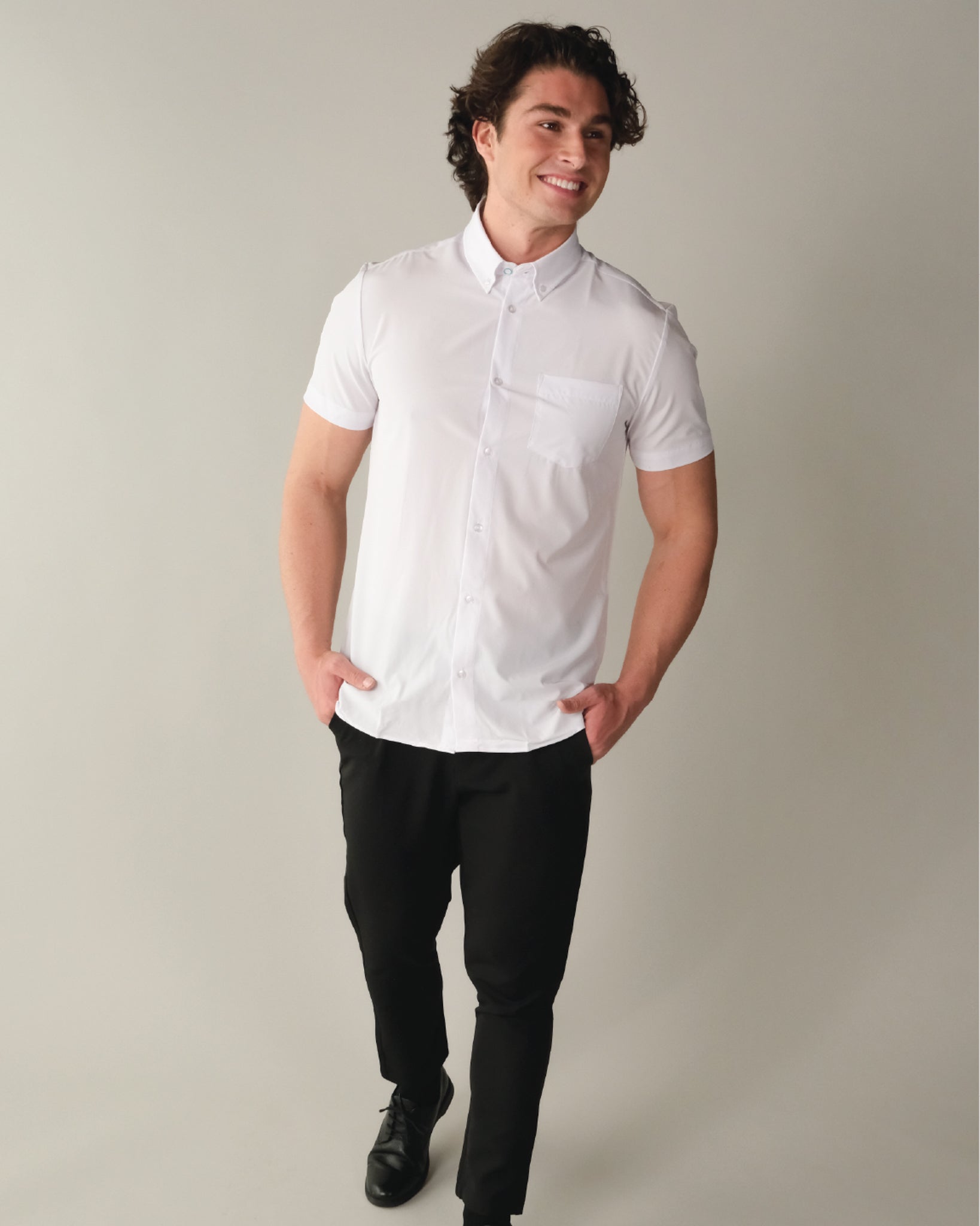 Men's White Button Down Collar, Short Sleeve Dress Shirt, Stain Repellent, Wrinkle Resistant Men's White Button Down Collar, Short Sleeve Dress Shirt, Stain Repellent, Wrinkle Resistant