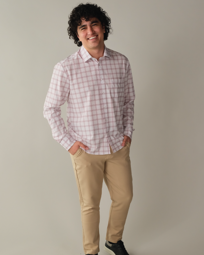 FINAL SALE: Range Shirt - White w/ Mauve Windowpane (No Returns or Exc &Collar FINAL SALE: Range Shirt - White w/ Mauve Windowpane (No Returns or Exc &Collar