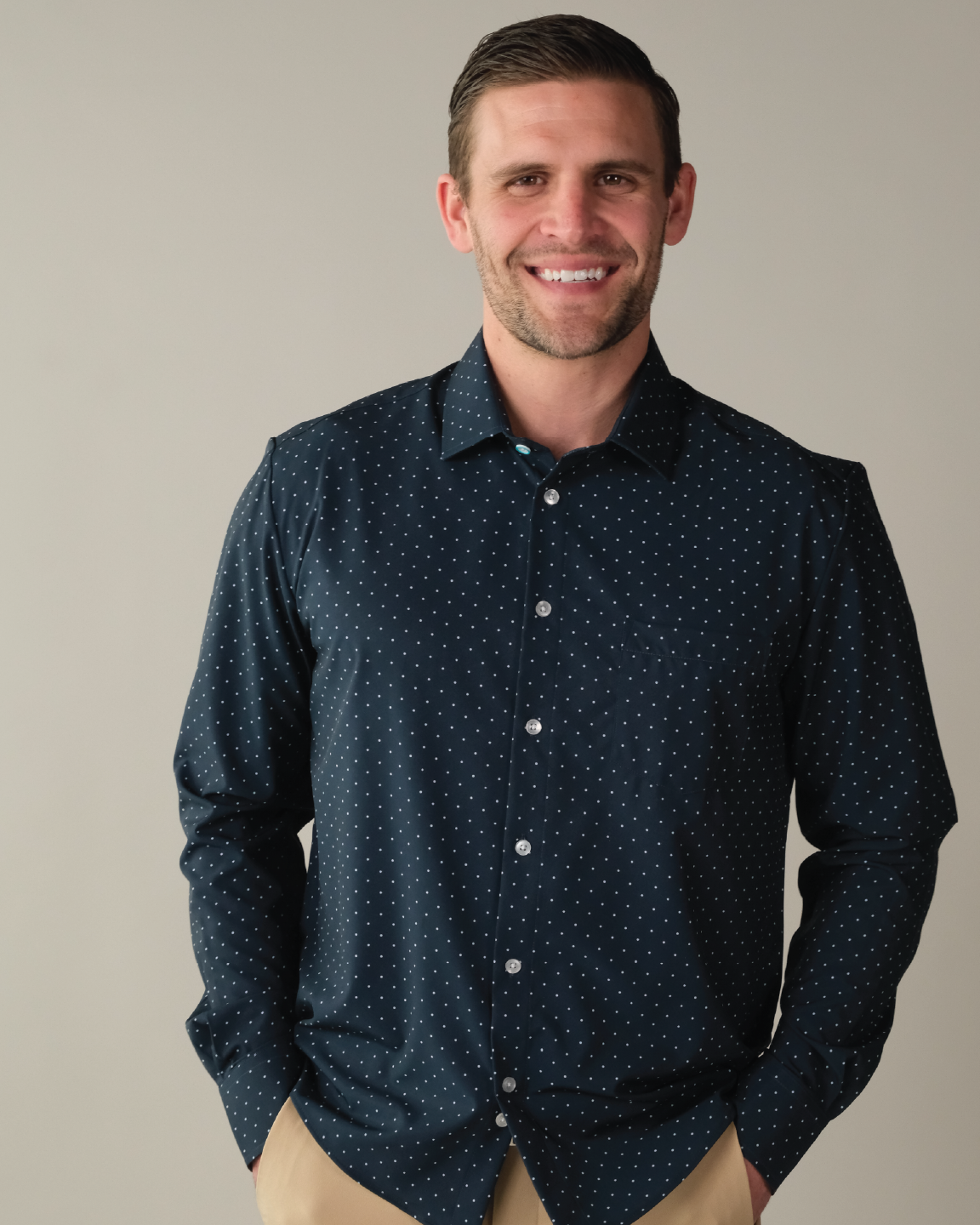Men's Navy w/ White Polka Dots Long Sleeve Dress Shirt, Stain Repellent, Wrinkle Resistant Men's Navy w/ White Polka Dots Long Sleeve Dress Shirt, Stain Repellent, Wrinkle Resistant