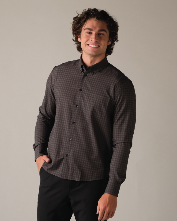 charcoal grey dress shirt Heather Gray Do-It-All Comfort Button Up first button up features 4 Mens Charcoal Gray Grey French