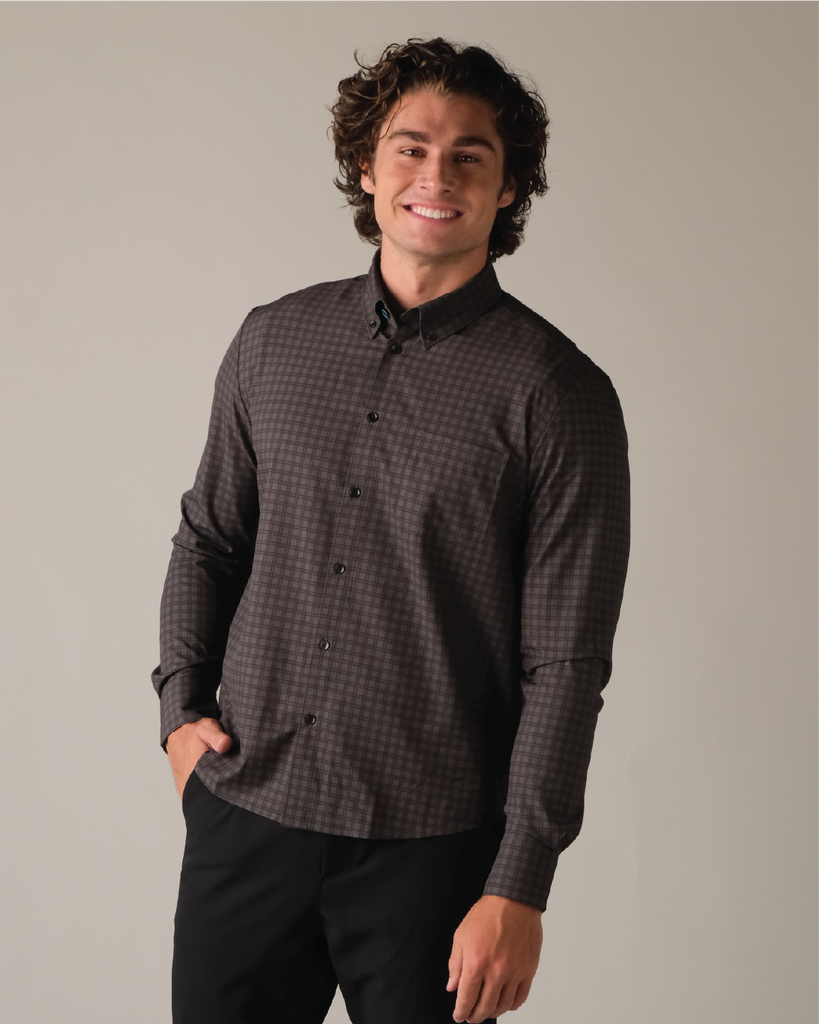 Men's Charcoal w/ Black Windowpane Long Sleeve Dress Shirt, Stain Repellent, Wrinkle Resistant Men's Charcoal w/ Black Windowpane Long Sleeve Dress Shirt, Stain Repellent, Wrinkle Resistant