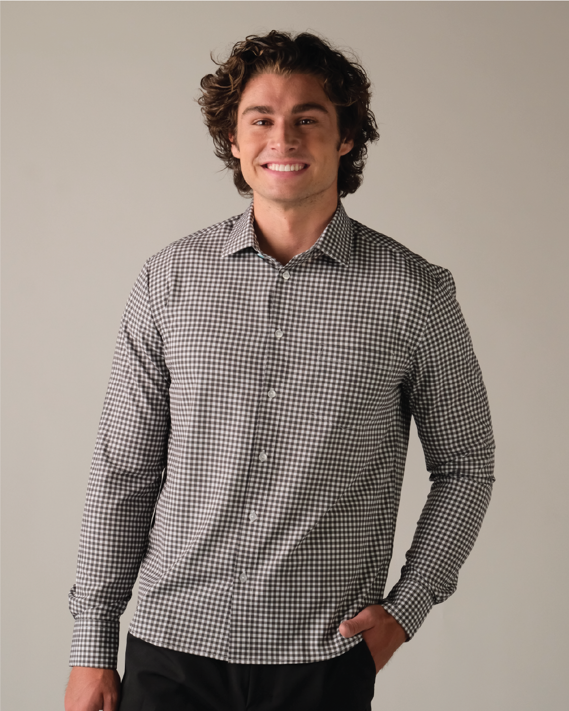 Men's White and Black Gingham Long Sleeve Dress Shirt, Stain Repellent, Wrinkle Resistant Men's White and Black Gingham Long Sleeve Dress Shirt, Stain Repellent, Wrinkle Resistant