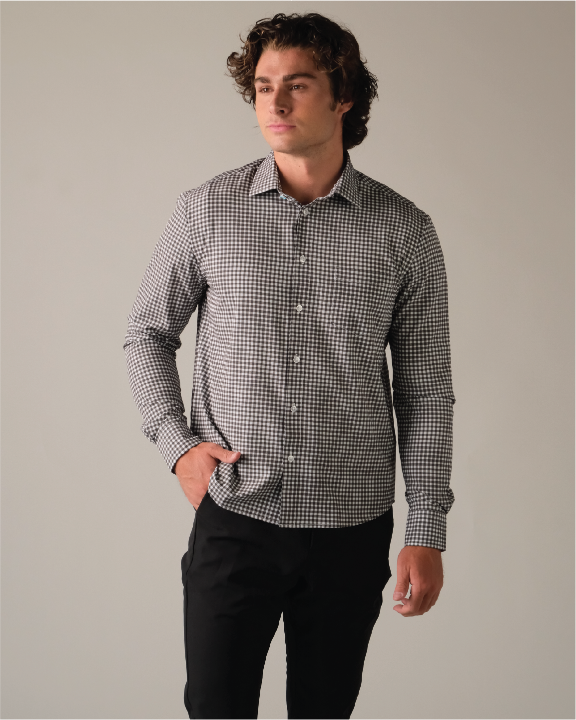 Men's White and Black Gingham Long Sleeve Dress Shirt, Stain Repellent, Wrinkle Resistant