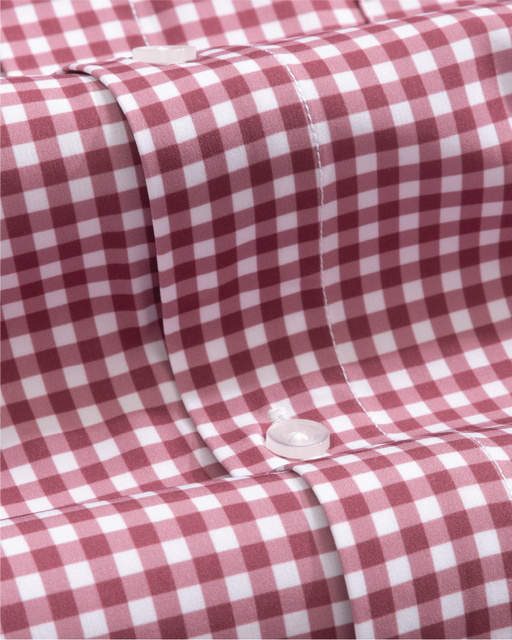a white and oxblood gingham shirt close up