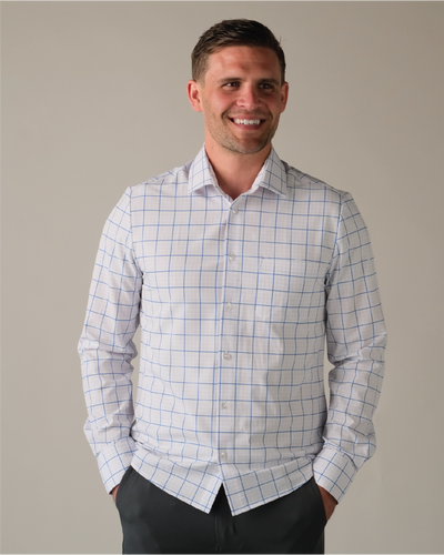 checkered dress shirt The Smoky Blue Albini Olson Plaid Custom Ledbury 15 neck size Gingham Dress Shirt | Chef