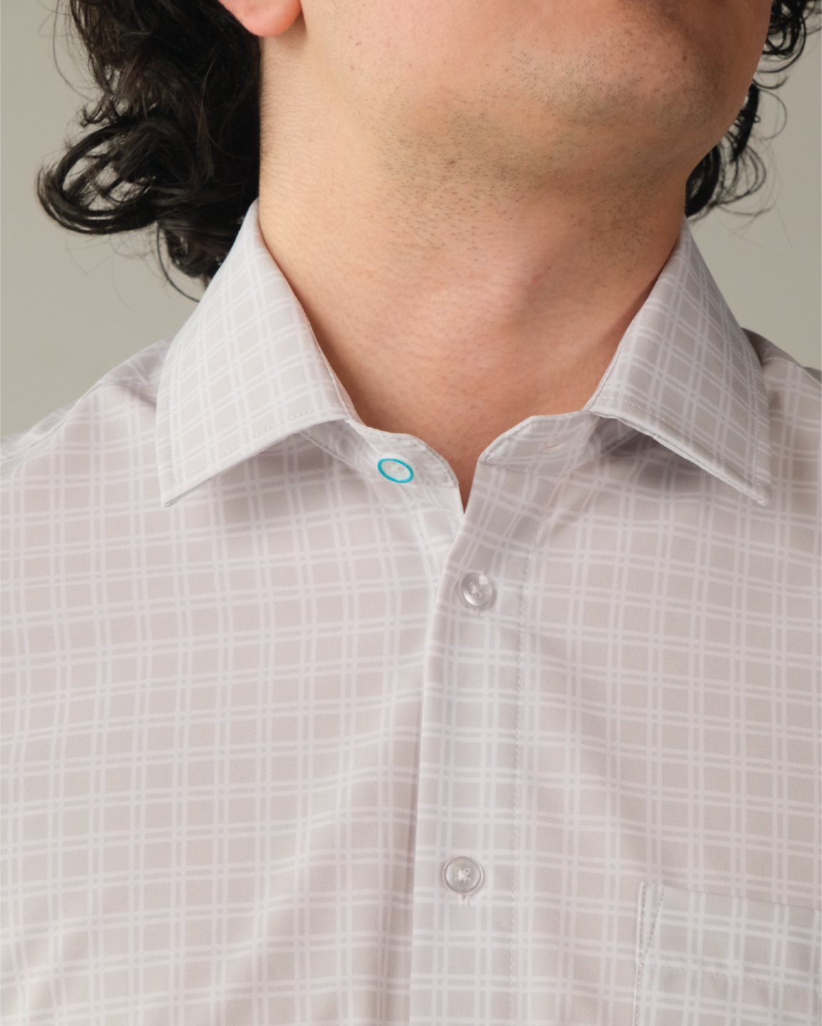Men's Grey w/ Small White Windowpane Long Sleeve Dress Shirt, Stain Repellent, Wrinkle Resistant