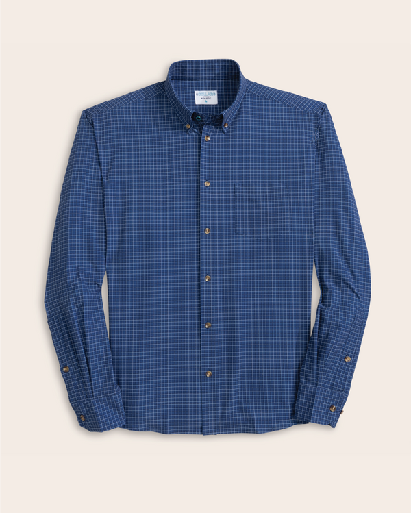 Men's Navy w/ White and Blue Check Long Sleeve Dress Shirt, Stain Repellent, Wrinkle Resistant Men's Navy w/ White and Blue Check Long Sleeve Dress Shirt, Stain Repellent, Wrinkle Resistant
