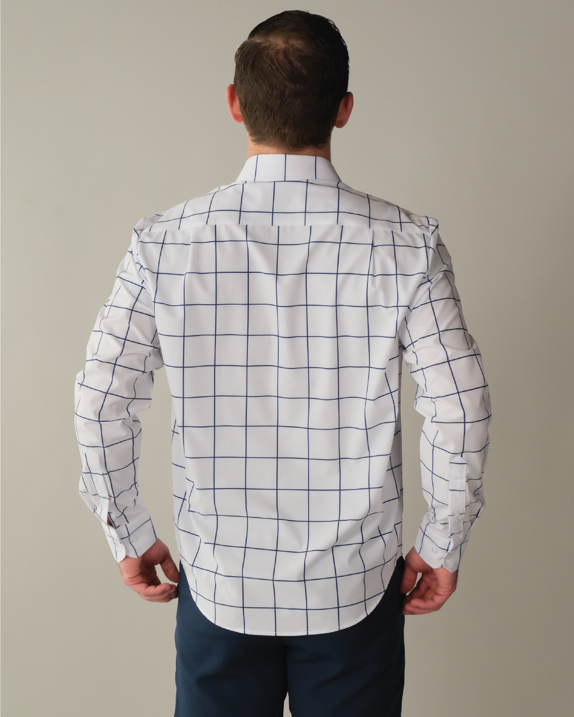 Men's White w/ Navy Windowpane Long Sleeve Dress Shirt, Stain Repellent, Wrinkle Resistant Men's White w/ Navy Windowpane Long Sleeve Dress Shirt, Stain Repellent, Wrinkle Resistant