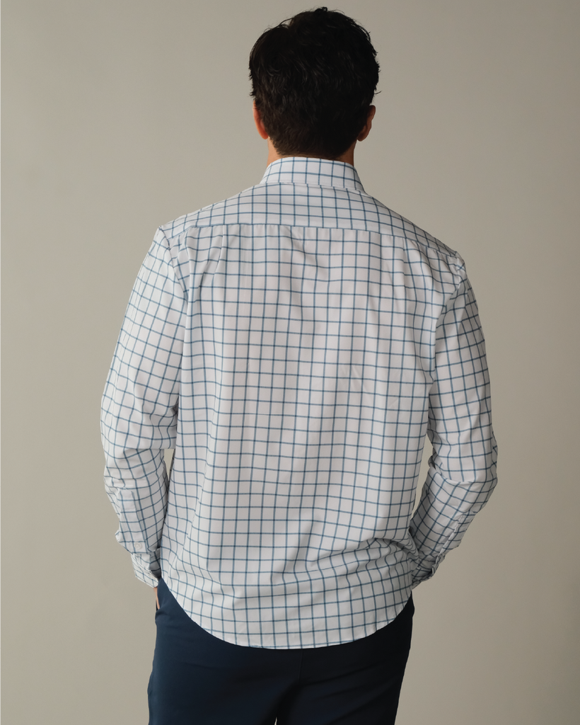 windowpane long sleeve dress shirt Mizzen + Main Leeward Navy/White Windowpane