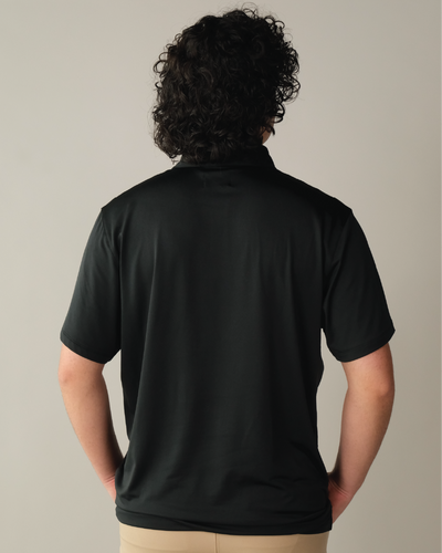 Man wearing pitch black polo shirt