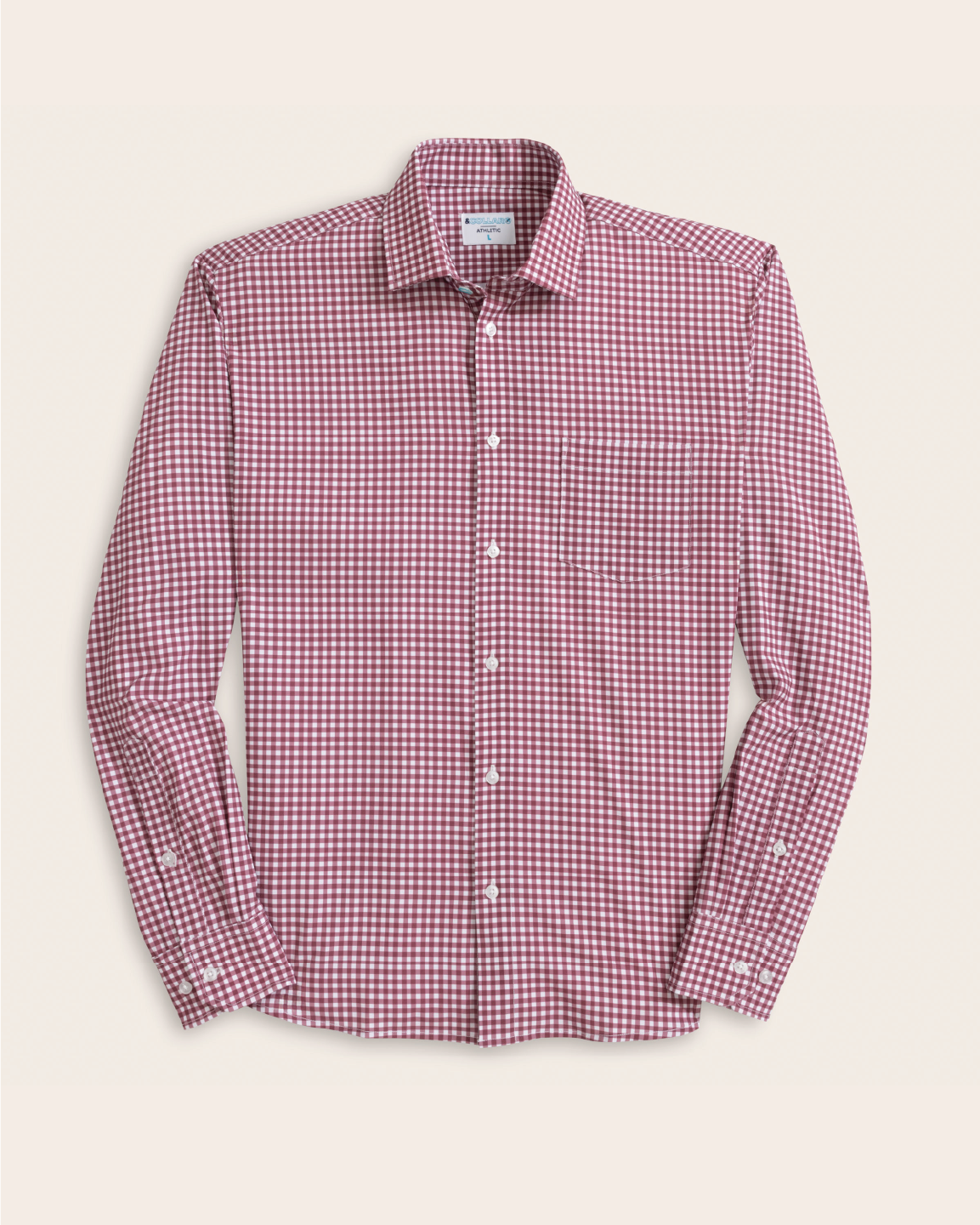Men's White and Oxblood Gingham Long Sleeve Dress Shirt, Stain Repellent, Wrinkle Resistant