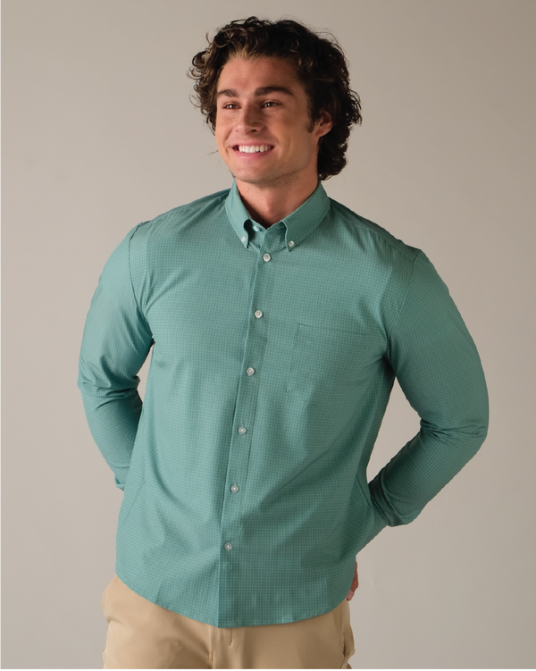 Men's Green w/ Grids Long Sleeve Dress Shirt, Stain Repellent, Wrinkle Resistant Men's Green w/ Grids Long Sleeve Dress Shirt, Stain Repellent, Wrinkle Resistant