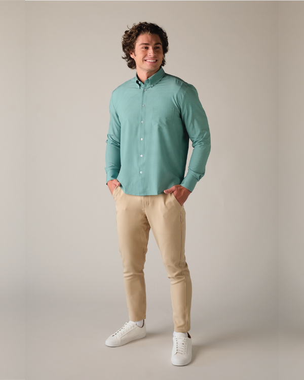 Men's Green w/ Grids Long Sleeve Dress Shirt, Stain Repellent, Wrinkle Resistant Men's Green w/ Grids Long Sleeve Dress Shirt, Stain Repellent, Wrinkle Resistant