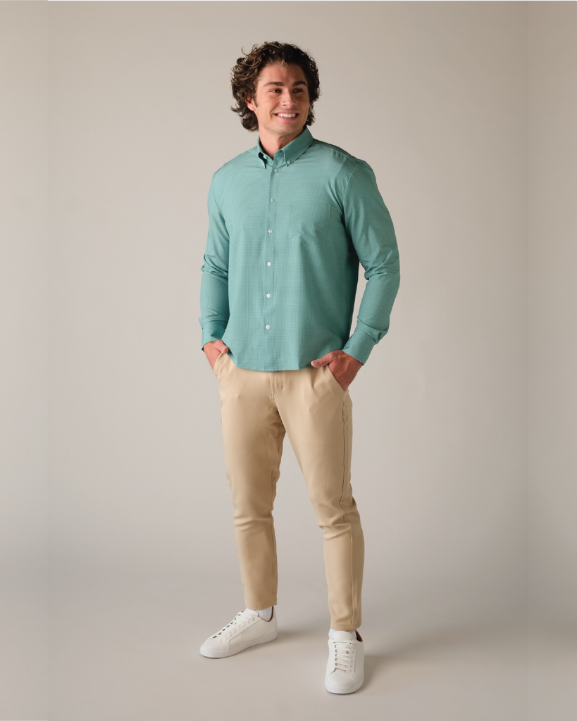 Men's Green w/ Grids Long Sleeve Dress Shirt, Stain Repellent, Wrinkle Resistant Men's Green w/ Grids Long Sleeve Dress Shirt, Stain Repellent, Wrinkle Resistant
