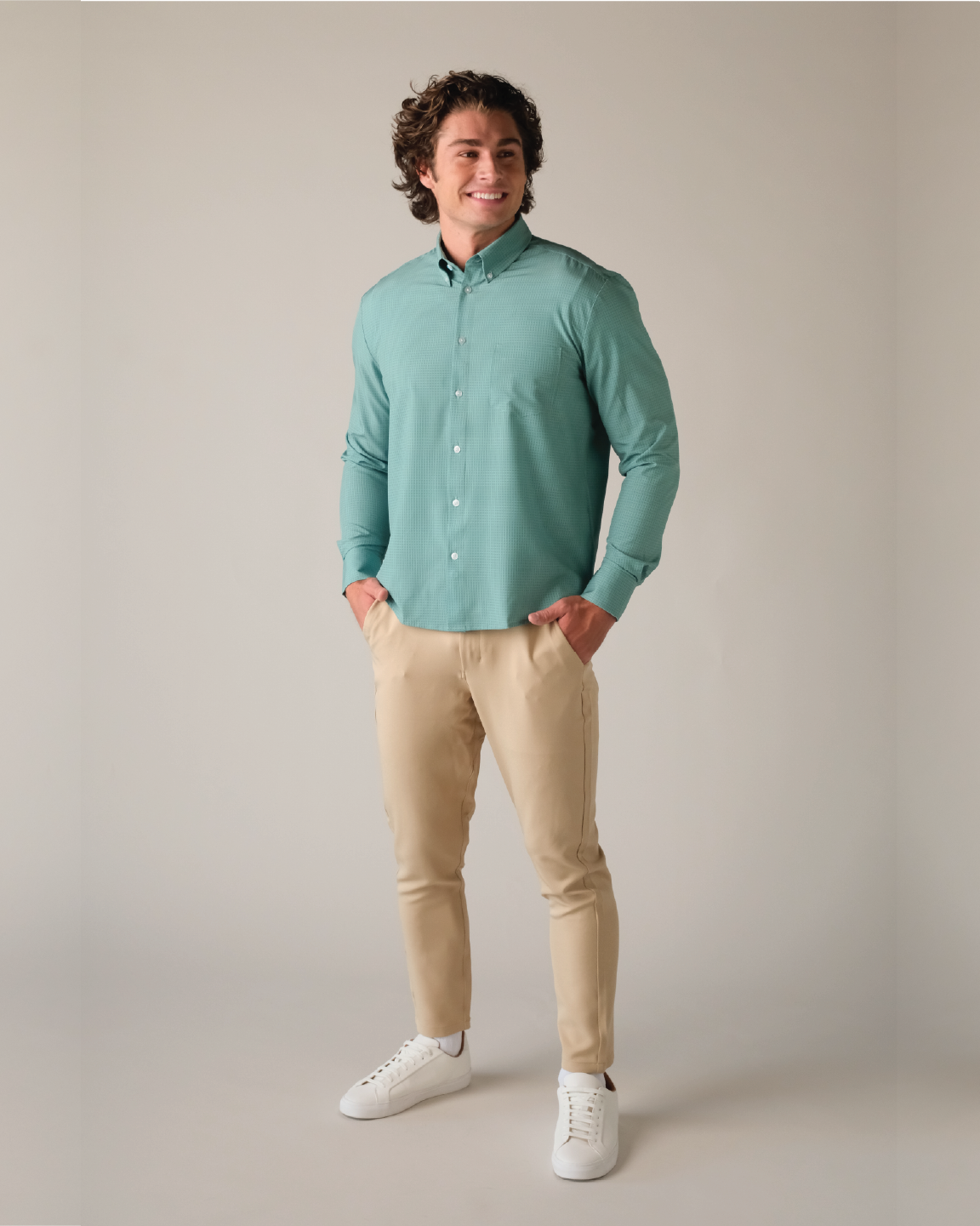 Green Plaid Dress Shirt Men | Grid Pattern Performance Shirt