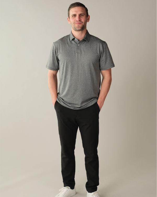 Man wearing heather grey polo shirt