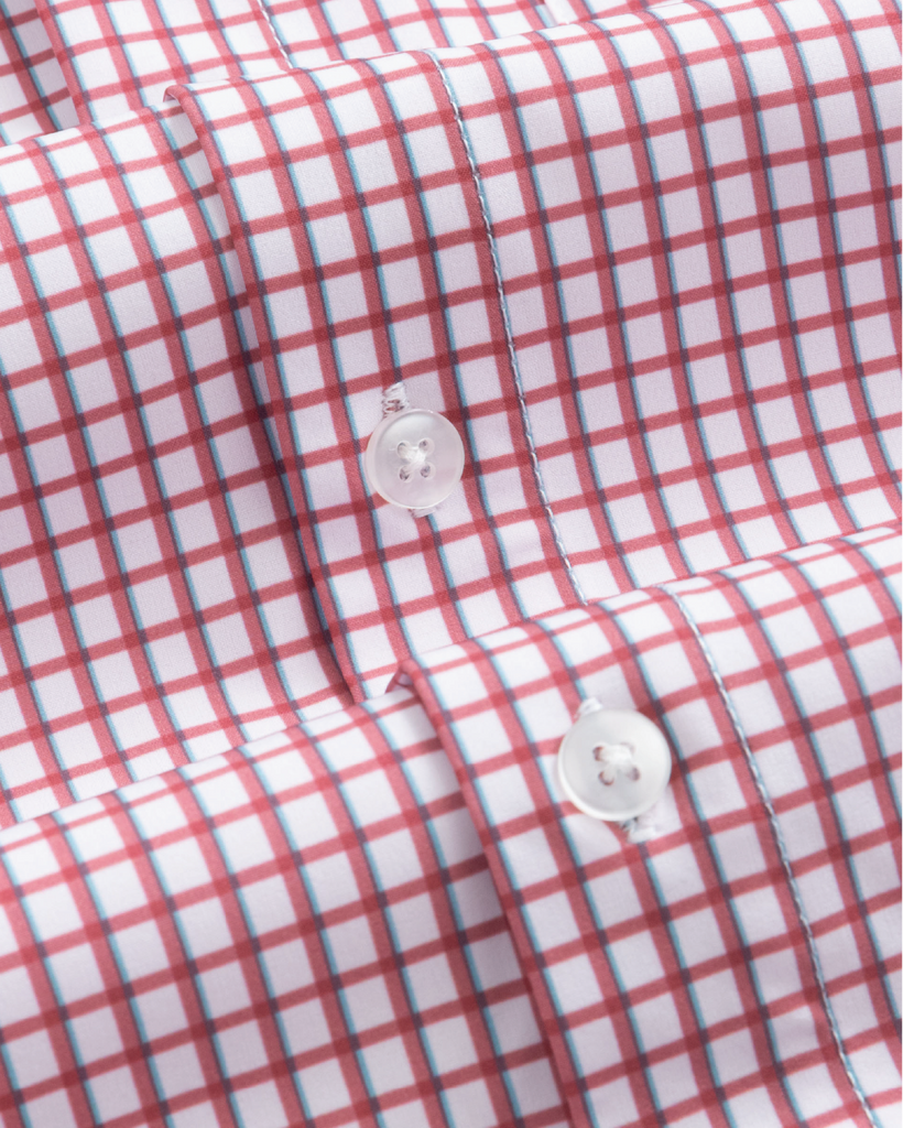 Men's Red and White w/ Blue Accent Long Sleeve Dress Shirt, Stain Repellent, Wrinkle Resistant