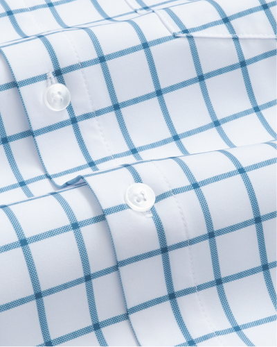 Men's White w/ Ocean Blue Windowpane Long Sleeve Dress Shirt, Stain Repellent, Wrinkle Resistant