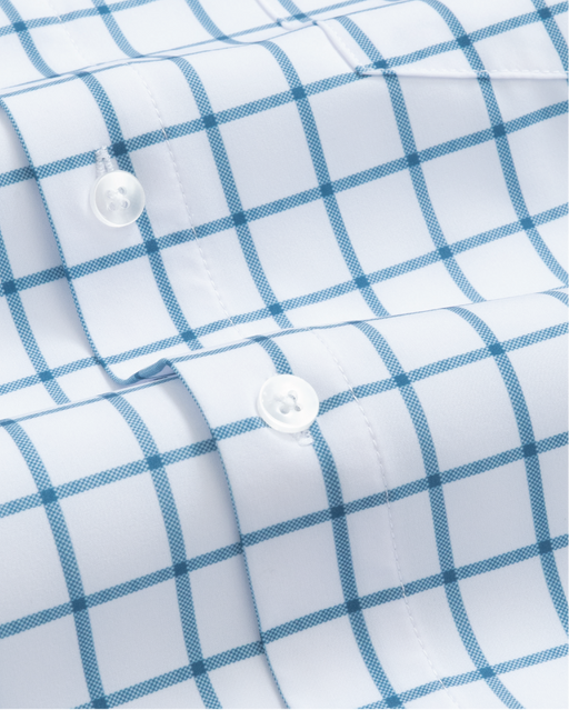 Closeup of white with ocean blue windowpane shirt