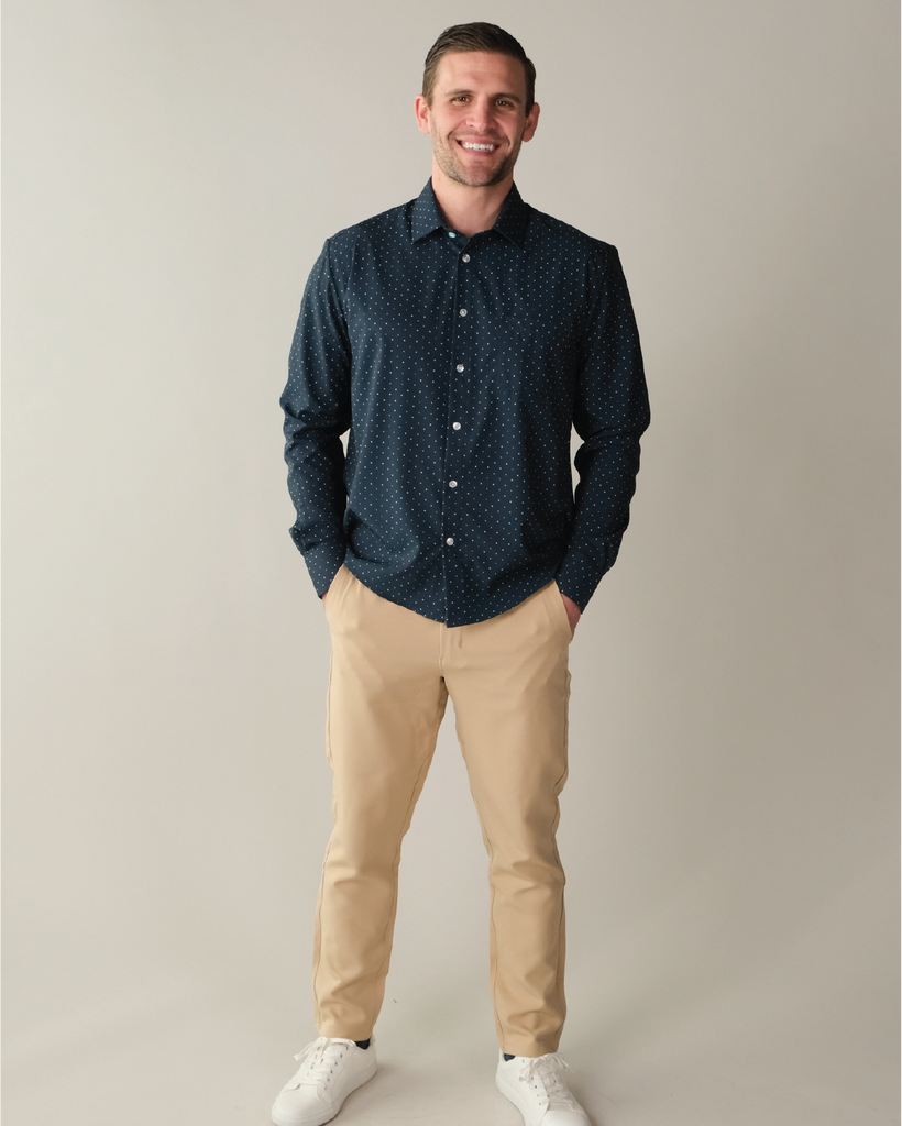 Men's Navy w/ White Polka Dots Long Sleeve Dress Shirt, Stain Repellent, Wrinkle Resistant Men's Navy w/ White Polka Dots Long Sleeve Dress Shirt, Stain Repellent, Wrinkle Resistant