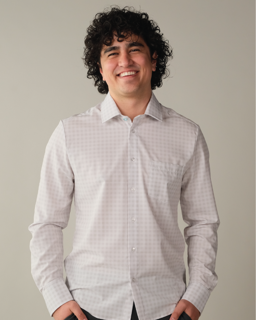 Men's Grey w/ Small White Windowpane Long Sleeve Dress Shirt, Stain Repellent, Wrinkle Resistant Men's Grey w/ Small White Windowpane Long Sleeve Dress Shirt, Stain Repellent, Wrinkle Resistant