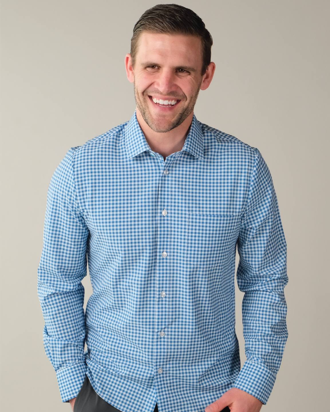 Men's Royal Blue and White Gingham Long Sleeve Dress Shirt, Stain Repellent, Wrinkle Resistant Men's Royal Blue and White Gingham Long Sleeve Dress Shirt, Stain Repellent, Wrinkle Resistant