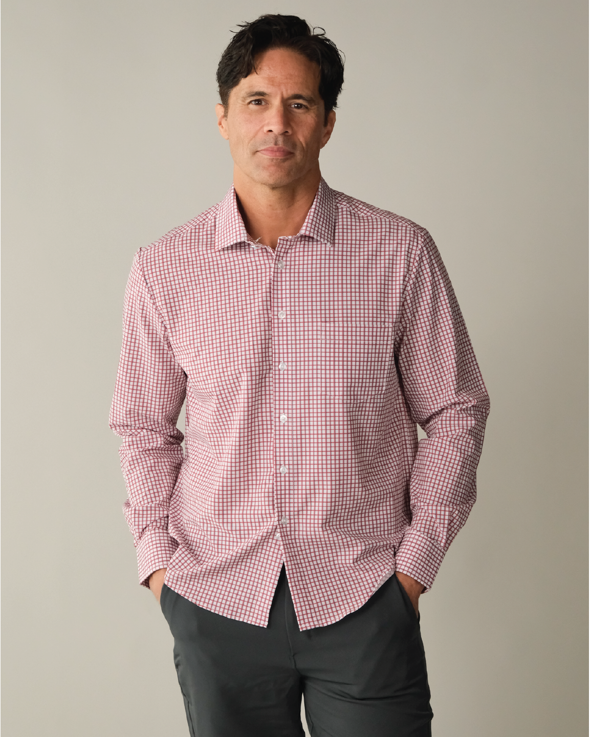 red white blue dress shirt Men's Red and White w/ Blue Accent Long Sleeve Dress Shirt, Stain Repellent, Wrinkle Resistant