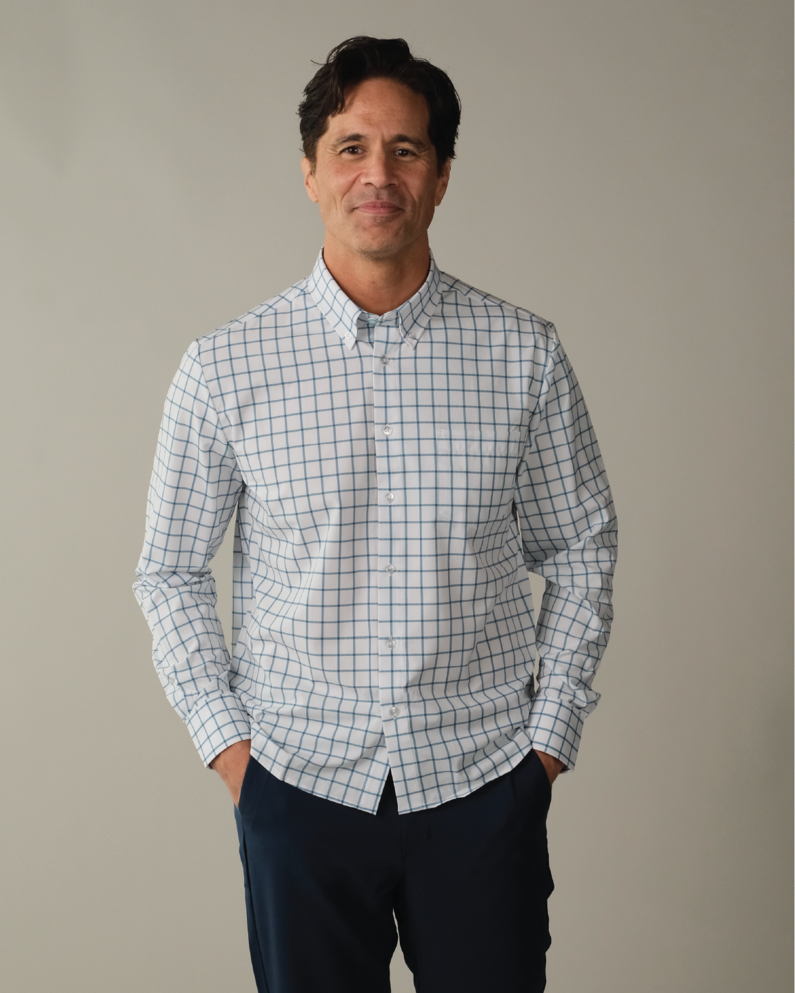 Men's White w/ Ocean Blue Windowpane Long Sleeve Dress Shirt, Stain Repellent, Wrinkle Resistant Men's White w/ Ocean Blue Windowpane Long Sleeve Dress Shirt, Stain Repellent, Wrinkle Resistant