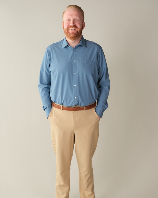 Man wearing ocean blue shirt