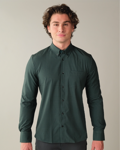 Men's Forest Green and Navy Gingham Long Sleeve Dress Shirt, Stain Repellent, Wrinkle Resistant Men's Forest Green and Navy Gingham Long Sleeve Dress Shirt, Stain Repellent, Wrinkle Resistant