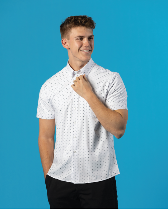 Range Shirt - White w/ Navy Polka Dots Short Sleeve