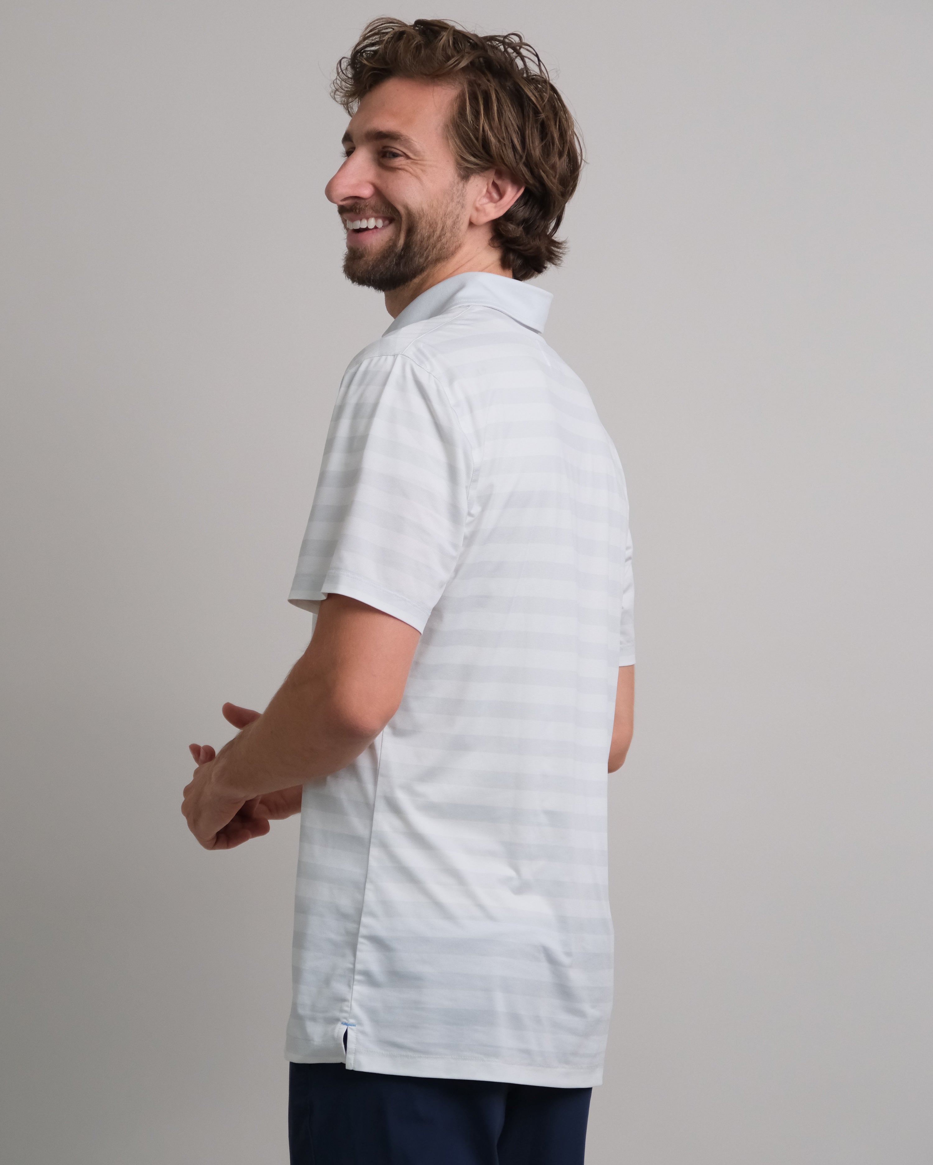 Men's White and Grey Stripe Tropic Polo , Stain Repellent, Wrinkle Resistant Men's White and Grey Stripe Tropic Polo , Stain Repellent, Wrinkle Resistant