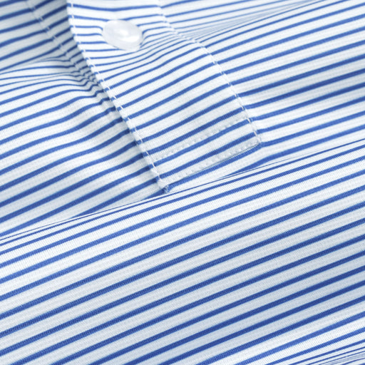 Close-up of a white and blue striped short sleeve polo shirt