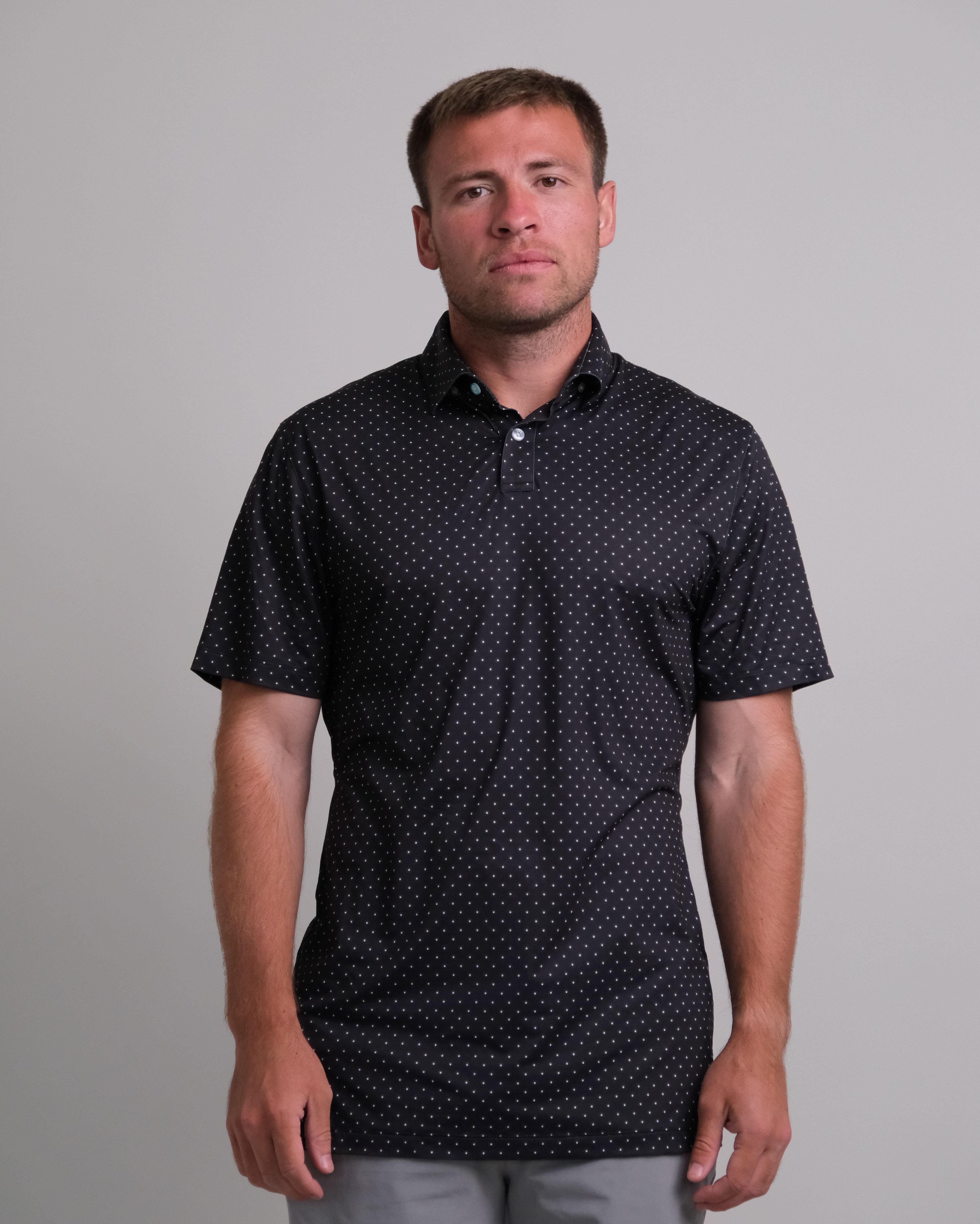 Men's Black w/ White Polka Dots Tropic Polo , Stain Repellent, Wrinkle Resistant Men's Black w/ White Polka Dots Tropic Polo , Stain Repellent, Wrinkle Resistant