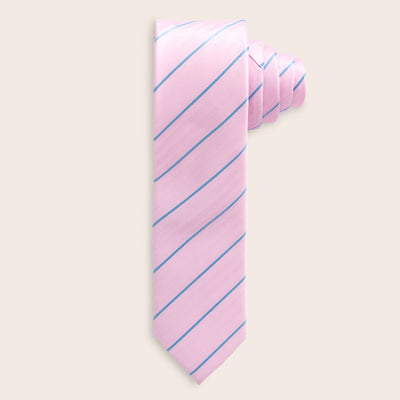 Pink tie with blue stripes on a beige background