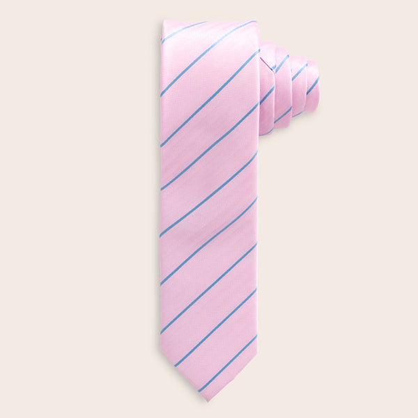 Pink tie with blue stripes on a beige background