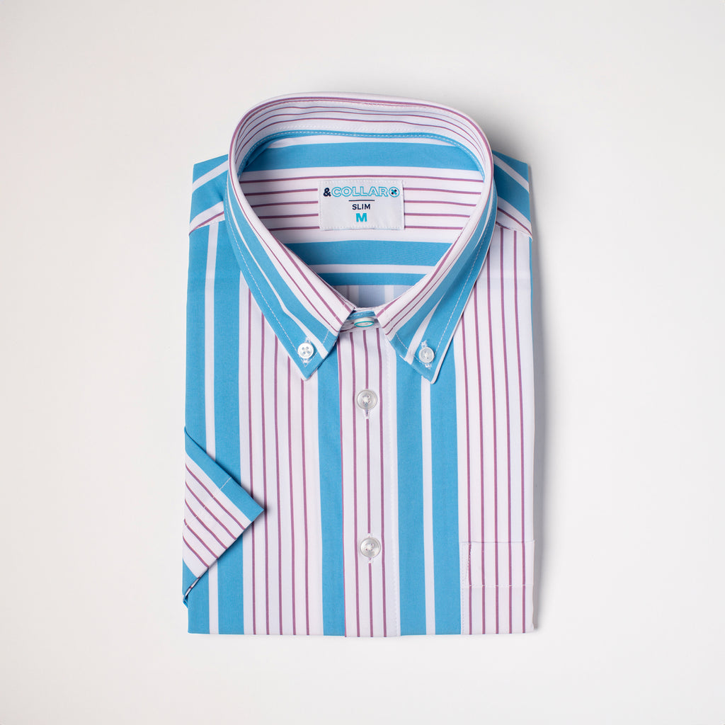 Men's Light Blue and White w/ Mauve Pinstripes Short Sleeve Dress Shirt, Stain Repellent, Wrinkle Resistant Men's Light Blue and White w/ Mauve Pinstripes Short Sleeve Dress Shirt, Stain Repellent, Wrinkle Resistant