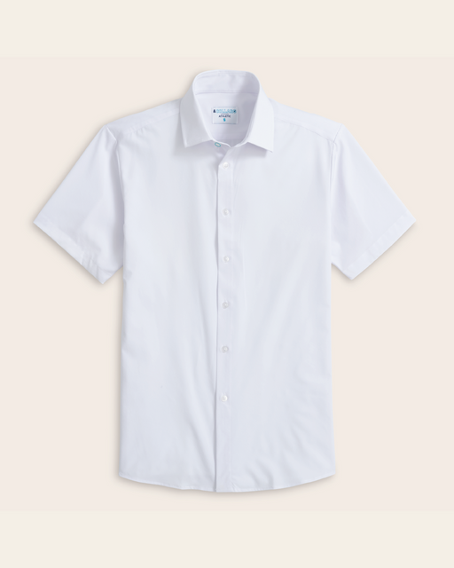A short sleeve pocketless white dress shirt