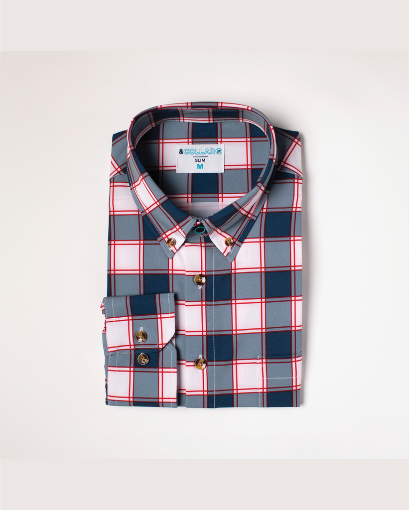 Men's White and Navy w/ Red Accents Long Sleeve Dress Shirt, Stain Repellent, Wrinkle Resistant
