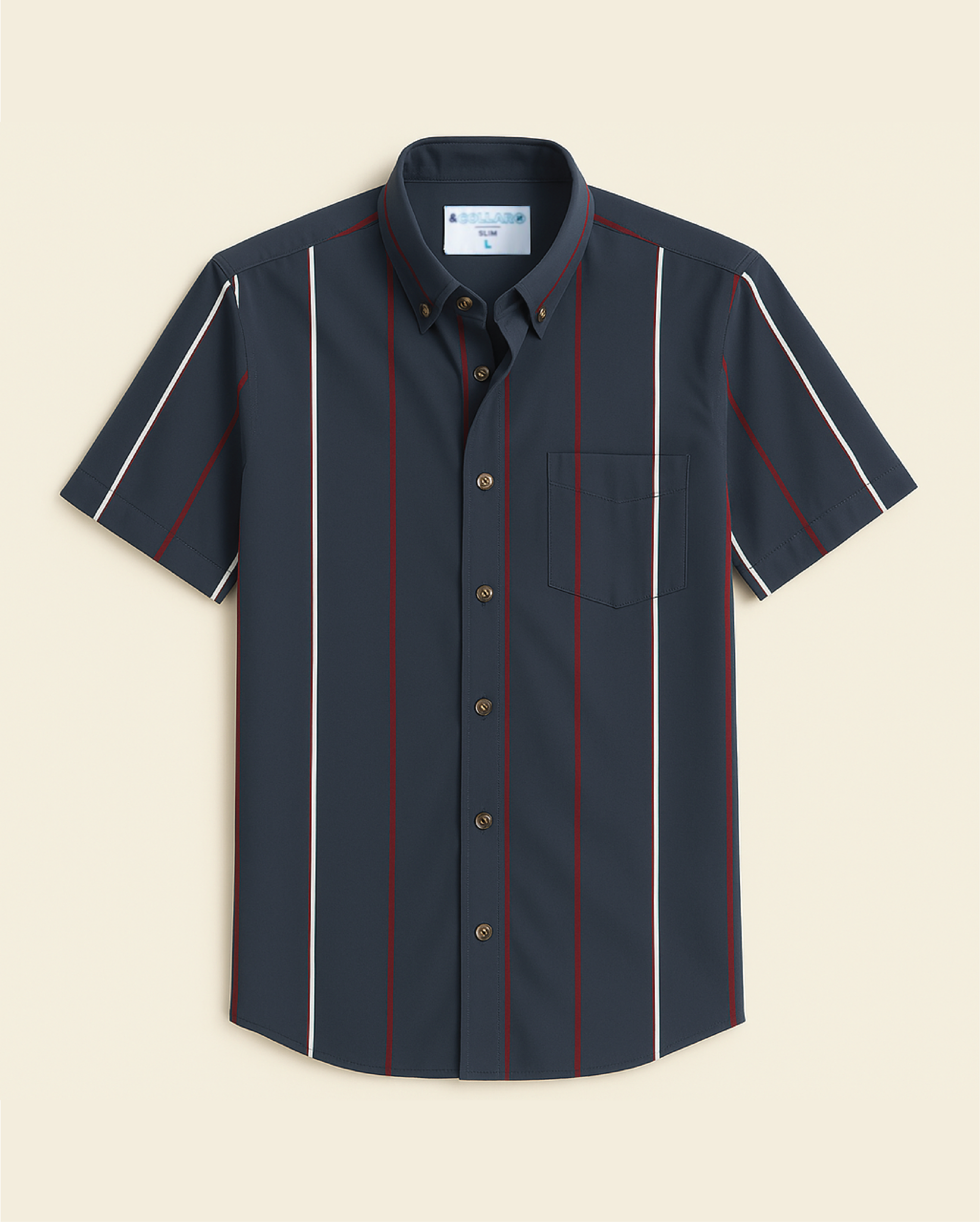 Men's Navy w/ Red and White Stripes Short Sleeve Dress Shirt, Stain Repellent, Wrinkle Resistant