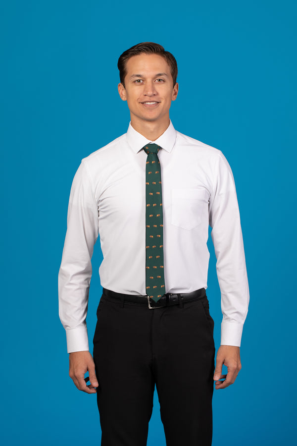 Green tie with brown buffalo on a white shirt