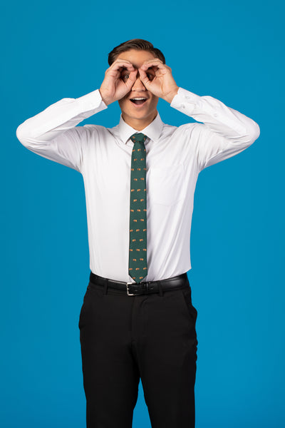 Green tie with brown buffalo on a white shirt