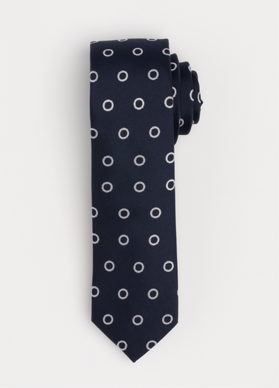Navy blue tie with white circular pattern