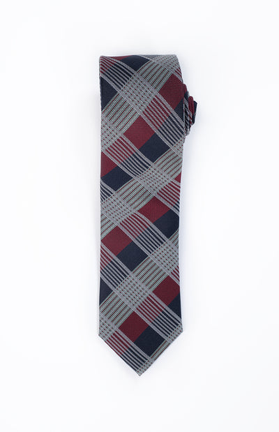 Plaid tie with red, blue, and gray pattern